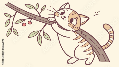 A playful cartoon cat with stripes happily climbing a branch with leaves and berries.