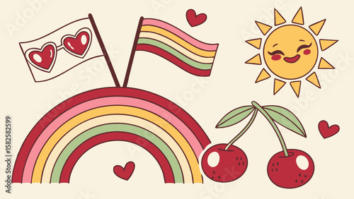 Colorful illustration featuring a rainbow, sun, cherries, and pride flags, celebrating joy and love.