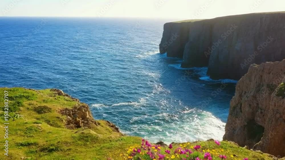 Cliffside Wildflowers at Dusk Purple Daisies and Crashing Waves in a Golden Coastal Landscape Golden Light and Rugged Coast Windswept Coastline with Purple Daisies Purple Daisies Defy the Elements 