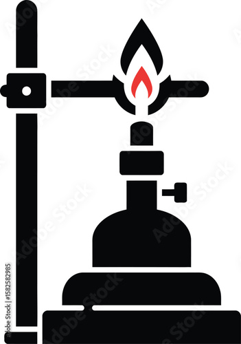 A black and red illustration of a laboratory burner and stand, with a flame.