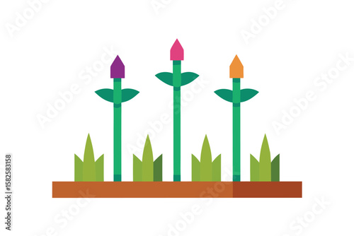 Stylized Garden Stakes In Flower Beds On
