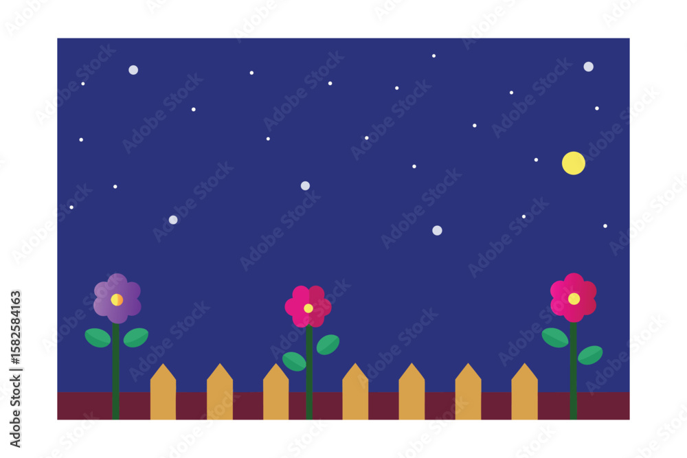Fototapeta premium Starry Sky Above A Cartoon Fence With Floating Flowers