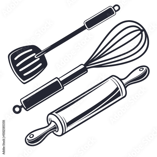 Illustration of kitchen utensils including a spatula, whisk, and rolling pin in black and white style