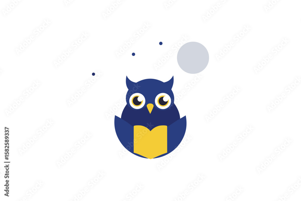 Obraz premium Owl Reading A Book Under Moonlight On
