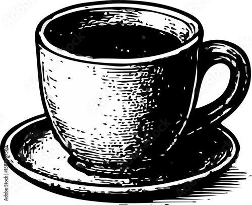 Classic white coffee cup with handle and saucer, filled with brewed espresso