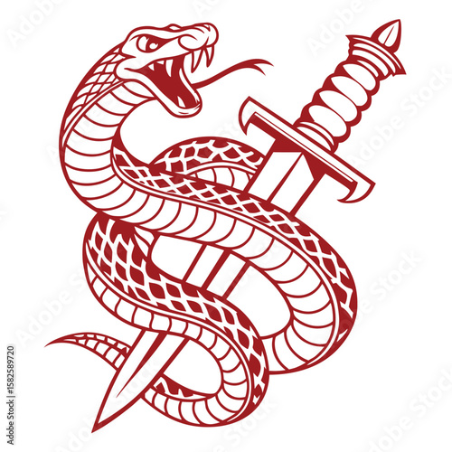 Bold graphic of a snake coiled around a dagger two-color screen print style, heavy outlines tattoo-inspired illustration
