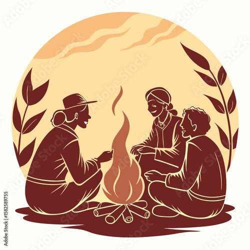 Bonfire scene with silhouettes of people sitting around Bonfire scene with silhouettes of people sitting around in circle warm colors and glowing embers folk or cultural gathering shirt