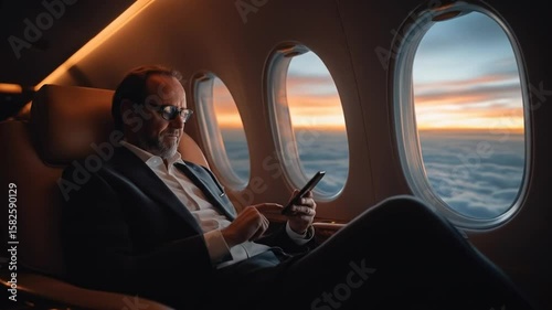 Businessman Uses Phone on Private Jet at Sunset Above Clouds, Luxury Travel