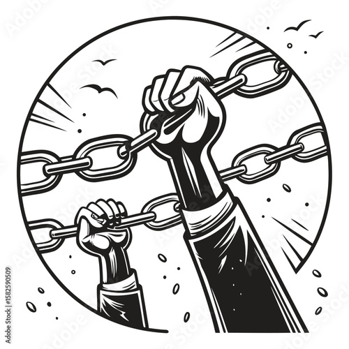 Broken chains falling from hands freedom and justice theme monochrome illustration vintage ink texture vector illustration of a man with a cocktail