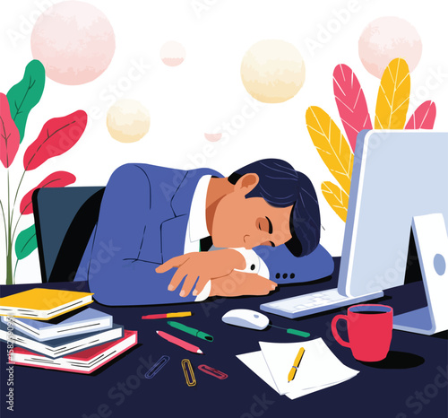 Man in suit sleeping on desk overwhelmed by work and stress