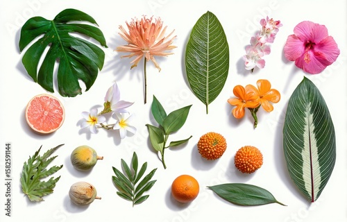 Flatlay showcasing vibrant tropical fruits, blossoms, and foliage arranged on a stark white background, casting subtle shadows