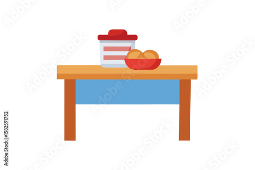 Kitchen Table With Basket Of Bread And Jam