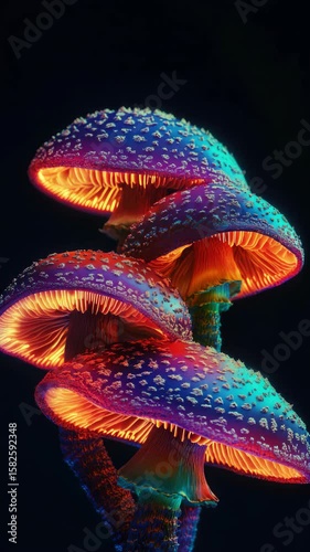 Close-up of vivid mushrooms with glowing caps in dark setting, highlighting their luminescence and intricate structures.