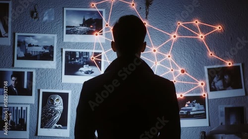 Silhouette of a man standing in front of a conspiracy wall