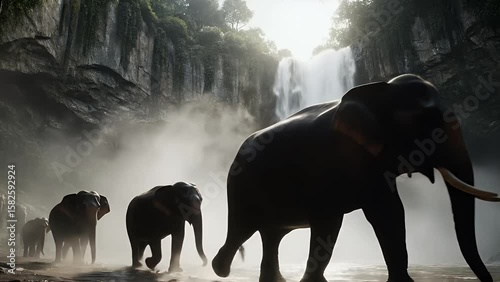 elephants in the river with waterfall
