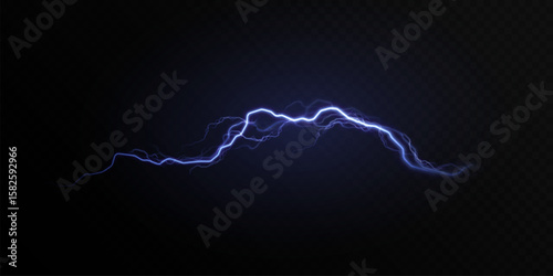 Realistic vector electric lightning discharge with blue glow on dark background. Dynamic light effect for fantasy scenes, sci-fi effects, UI design, visual effects, games.