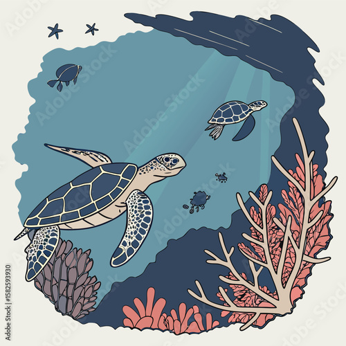 Deep ocean scene with sea turtles coral reef and light rays from the surface immersive underwater print for full t-shirt fish in the sea vector illustration