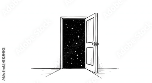 Minimalist black and white line art illustration of an open door leading to a starry outer space, symbolizing new opportunities and possibilities.
