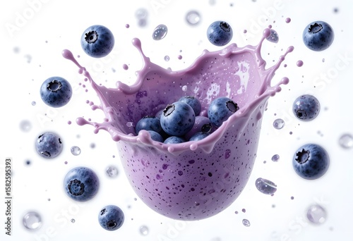 Blueberry yogurt smoothie splash with flying blueberries and subtle yogurt drops
