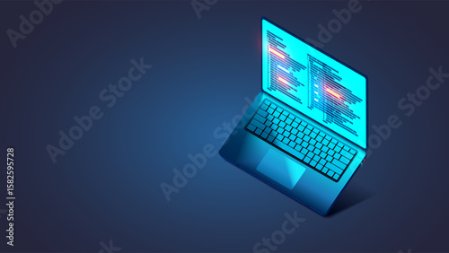 Software, web development, programming concept. Abstract Programming language and program code on screen laptop in isometric. Laptop on a stand for programming, coding, software development in dark.