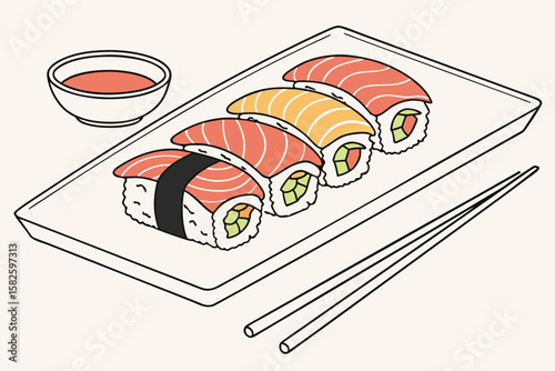 Illustration of a sushi platter with salmon, sauce and chopsticks on a light background plate