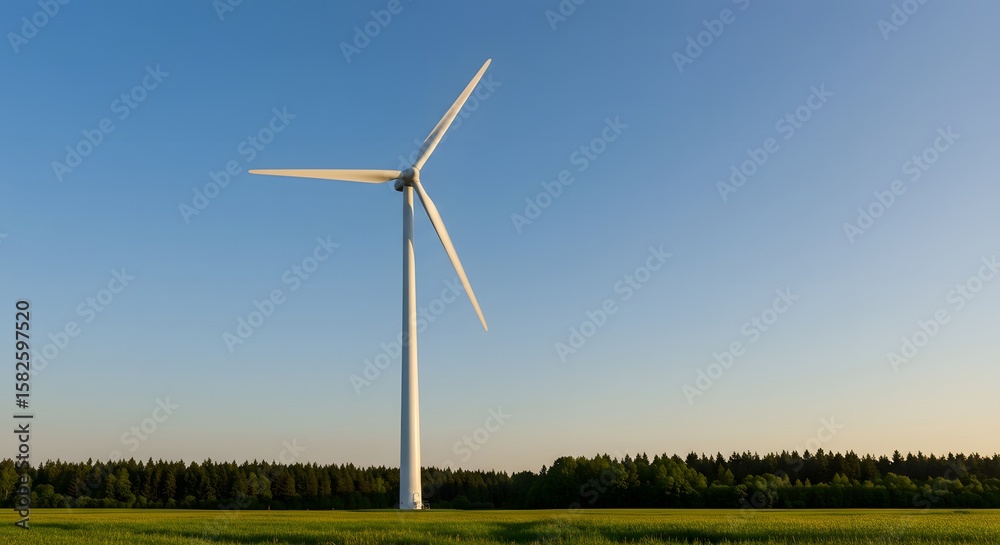 Fototapeta premium A solitary wind turbine stands tall against a clear blue sky, positioned over a grassy field and forest line.