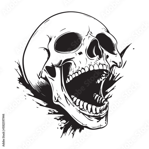 Terrifying screaming skull vector silhouette, Skull Tattoo Vector Art Illustration, Human skull vector illustration, Detailed vintage art silhouette of a human skull 