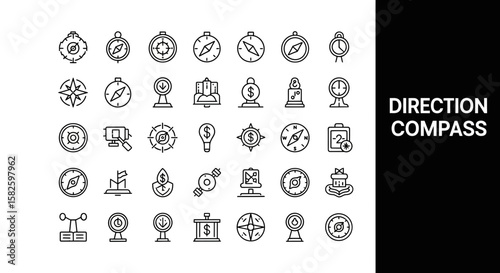Direction Compass Line Icons Navigation Guidance Wayfinding Graphic Set