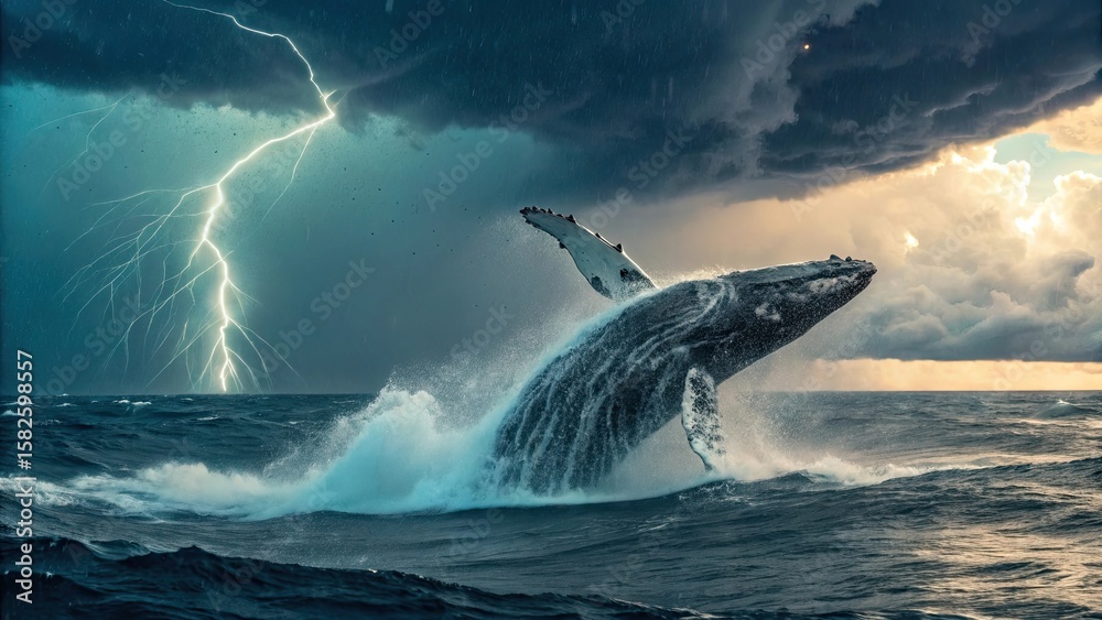 Fototapeta premium A majestic leviathan breaking through the ocean surface beneath a stormy sky, powerful and immense