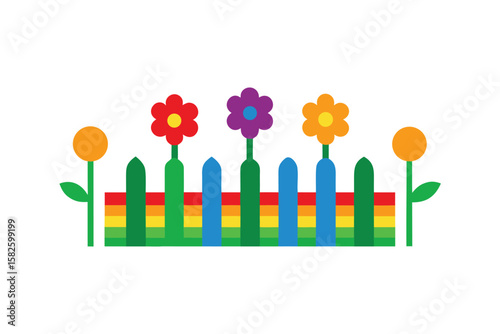 Fence With Rainbow Flowers Arranged Along The Base