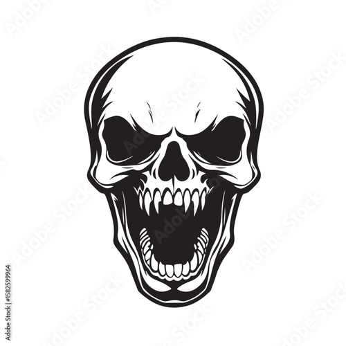 Terrifying screaming skull vector silhouette, Skull Tattoo Vector Art Illustration, Human skull vector illustration, Detailed vintage art silhouette of a human skull 