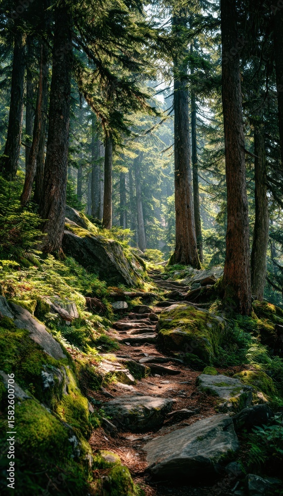 Obraz premium Forest trail bathed in sunlight