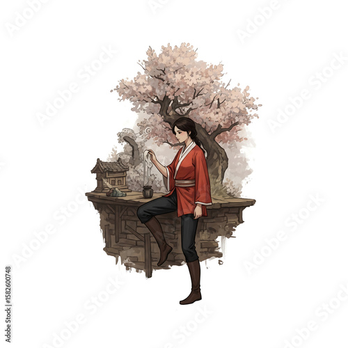 A skilled artisan in traditional attire thoughtfully examines a delicate pendant in front of a charming, rustic workshop nestled beneath a flowering cherry blossom tree