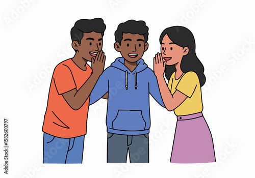 Illustration of diverse young friends sharing a secret or gossip, whispering information to each other with happy and curious expressions on white.
