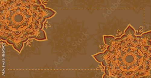 Ornate, decorative mandala patterns in warm colors on a textured brown background.