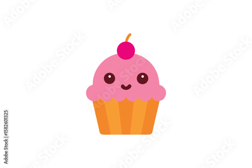 Cute Cupcake With Eyes And Cherry On Top Flat