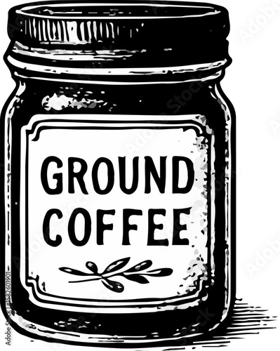 A jar labeled "Ground Coffee," detailed in a classic black and white woodcut style, perfect for coffee products or kitchen visuals
