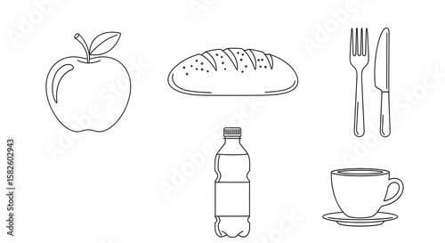 Simple black and white line art vector illustration of food and drink items with cutlery, isolated on white background.