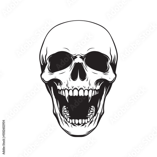 Terrifying screaming skull vector silhouette, Skull Tattoo Vector Art Illustration, Human skull vector illustration, Detailed vintage art silhouette of a human skull 