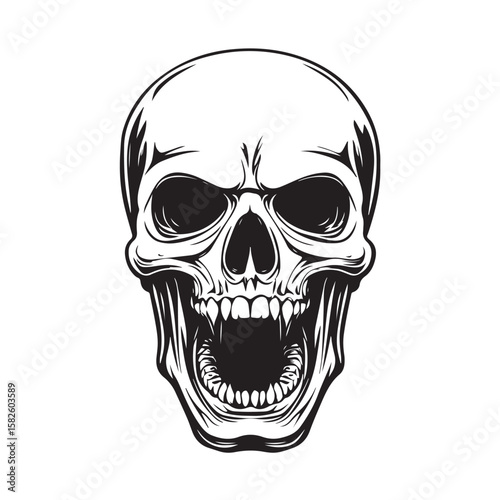 Terrifying screaming skull vector silhouette, Skull Tattoo Vector Art Illustration, Human skull vector illustration, Detailed vintage art silhouette of a human skull 
