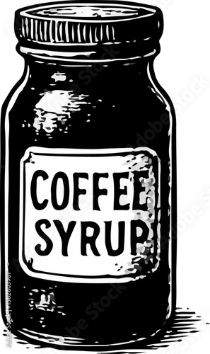 A bottle labeled "Coffee Syrup," depicted in a sharp black and white woodcut style, perfect for flavored coffee or cafe additives