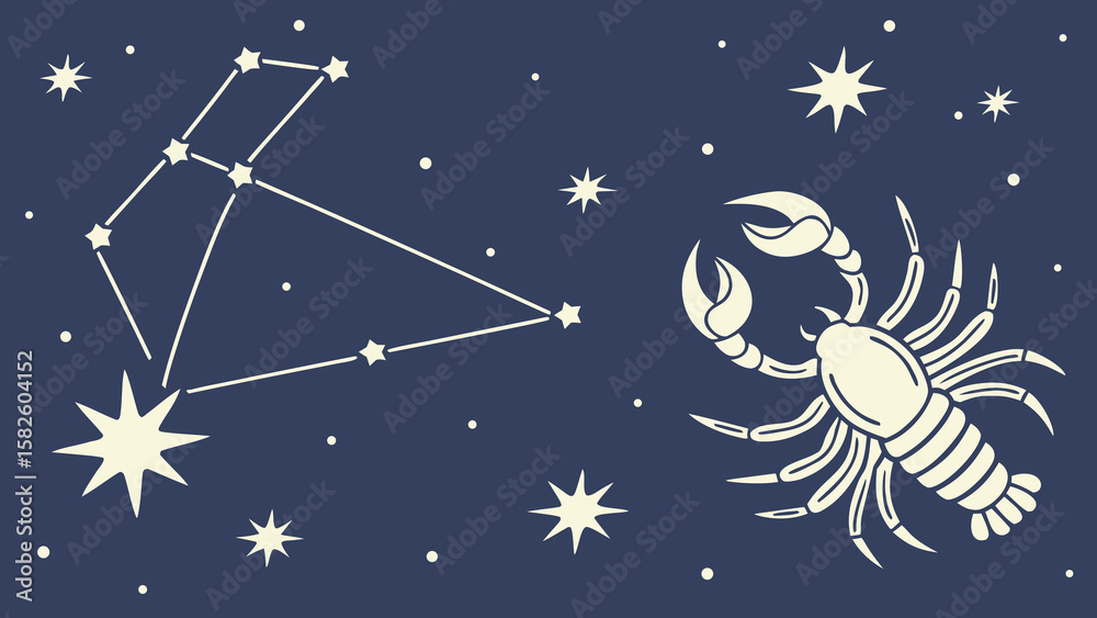 Fototapeta premium A stylized illustration of the Scorpio constellation, featuring its prominent stars and a scorpion, set against a deep blue night sky.