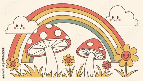Colorful cartoon mushrooms and smiling flowers under a cheerful rainbow.