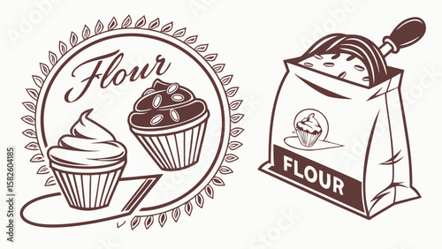 Illustration of a cupcake and a flour bag, highlighting baking essentials in a creative and playful design.
