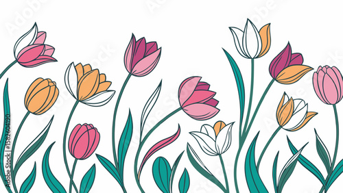 A vibrant floral pattern featuring a variety of colorful tulips and leaves against a clean white background.