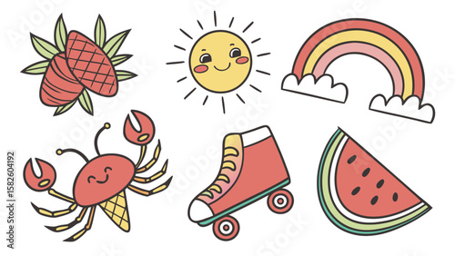 A vibrant and playful illustration featuring a sun, rainbow, watermelon, ice cream crab, roller skate, and pineapples.
