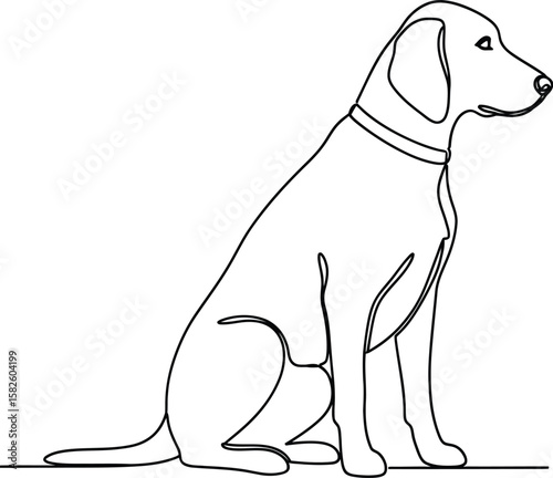 A simple continuous line drawing showcases a seated dog, ideal for minimalist designs and pet-themed creative projects.