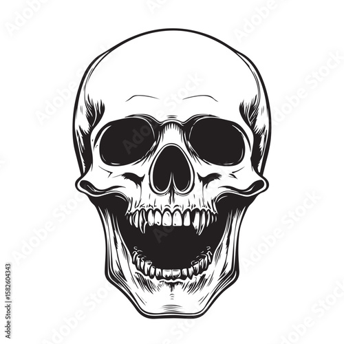 Terrifying screaming skull vector silhouette, Skull Tattoo Vector Art Illustration, Human skull vector illustration, Detailed vintage art silhouette of a human skull 