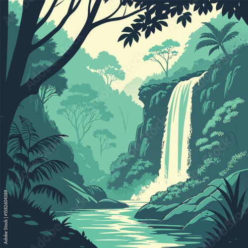 Misty waterfall in a tropical jungle full color palette cinematic lighting high-resolution t-shirt print design