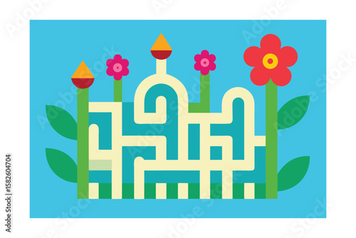 Cartoon Whimsical Floral Maze With Fence Entrance